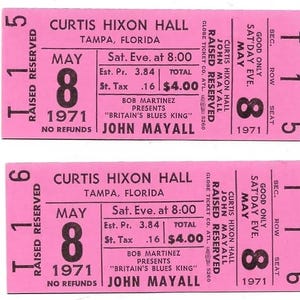 John Mayall Concert Ticket Set of 2 1971 Tampa Pink