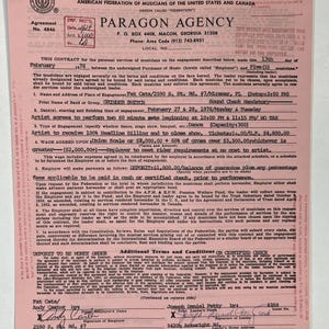 May include: A vintage contract from Paragon Agency, dated February 1978, for a musical performance. The document, with text in black ink, includes details about the engagement, names, and financial terms. The contract is on pink paper and features the American Federation of Musicians logo.