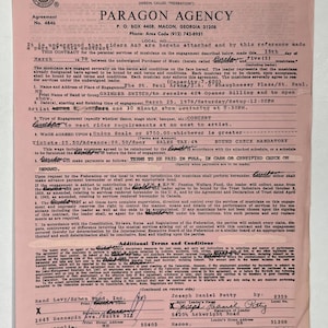 May include: A vintage contract from the American Federation of Musicians, dated March 15, 1978, with Paragon Agency. The document is pink and white, with text detailing an engagement for a band called GRINDER SWITCH at The St. Paul Arena.