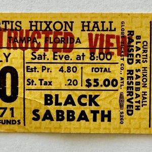 Black Sabbath Concert Ticket 1971 Tampa Florida Curtis Hixon Hall Yellow Obstructed View
