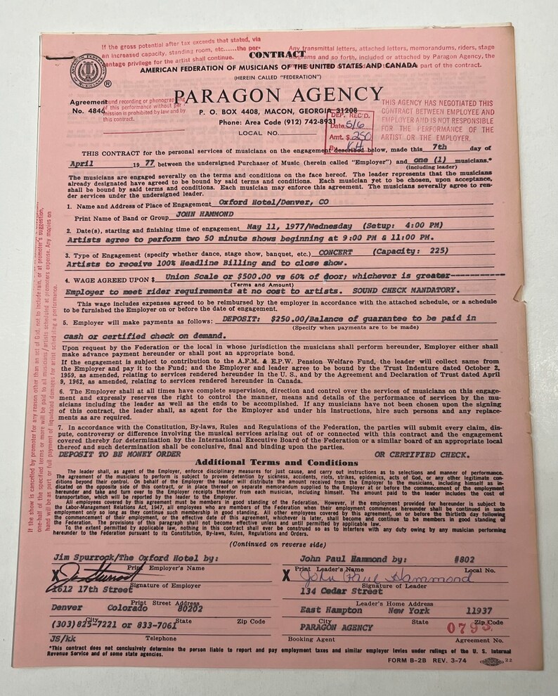 John Hammond Concert Contract 1977 Denver CO-Vintage Pop Culture Music Collectibles, Music Memorabilia- Collectible Music Items. image 1