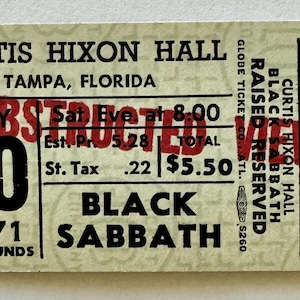 Black Sabbath Concert Ticket 1971 Tampa Curtis Hixon Hall Green Obstructed