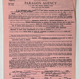 May include: A pink contract form for musicians with the title "Paragon Agency" and the text "Agreement No. 4846" at the top. The contract is dated March 1978 and includes details about the engagement, including the date, time, location, and type of performance. The contract is signed by Dave Lucas, Sunshine Promotions, Inc. and Joseph Daniel Petty.