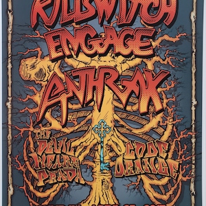 Op de afbeelding: Concertposter met Killswitch Engage, Anthrax en andere bands. Donkerblauwe achtergrond met oranje en rode letters en een gestileerd boomontwerp. Het evenement vond plaats in The Fillmore op 23 april 2017.
