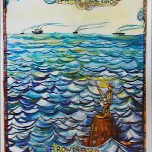 May include: A colourful concert poster featuring a stylised ocean with blue and white waves, three small boats on the horizon, and a figure standing on a brown rock. The text reads Yonder Mountain String Band and Brown Bird, April 13-14.