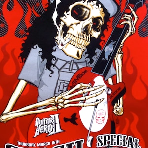 May include: A promotional poster for a "Guitar Hero II" event with Slash. The illustration shows a skeleton wearing a top hat, smoking, and playing a red guitar. The poster's design is red and black, with the text "SLASH & GUESTS" displayed prominently.