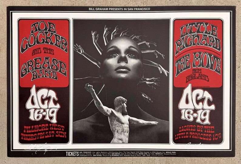 Póster del concierto de Joe Cocker de 1969, Fillmore BG-196, firmado por David Singer y Randy Tuten. imagen 1