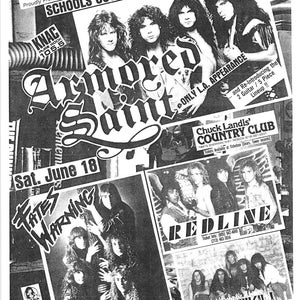 May include: A black and white concert flyer for a Schools Out Party featuring Armored Saint, Fates Warning, Redline, and Erotikill. The flyer includes band photos, the date Saturday June 18, and venue details for Chuck Landis Country Club in Reseda.