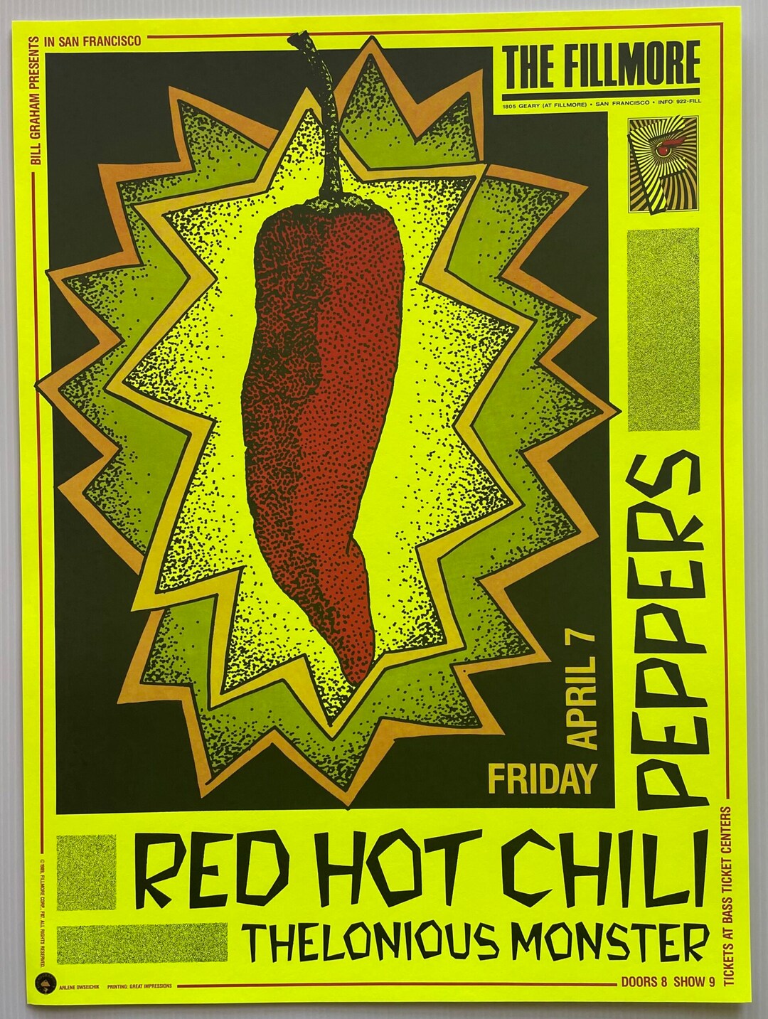 Red Hot Chili Peppers Concert Poster 1989 F87 Fillmore Etsy