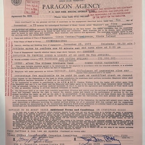 May include: A vintage contract from 1975 between Paragon Agency and Grinderswitch for a concert at Civic Center, Providence, RI. The document includes details about wages, setup, and the Allman Brothers Band.