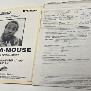 May include: Concert flyer for Eek-A-Mouse, a reggae artist, with a portrait and event details. The flyer is dated November 17, 1994, and includes the venue and time. Accompanying documents include financial records and a receipt.