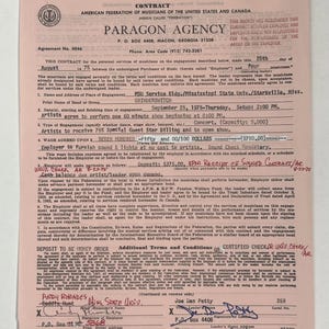 May include: A vintage contract from Paragon Agency, dated August 25, 1975, for a musical performance. The document includes details about the engagement, including the band, venue, and payment terms. The contract is signed by the employer and the leader.