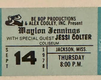 Waylon Jennings Jesse Colter Unused Concert Ticket Mississippi 1978 Blue