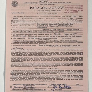 May include: A pink Paragon Agency contract for a concert engagement with Grindrswitch, dated August 19, 1975. The contract includes details like the venue, Carnegie Mellon University Gym, and payment terms. Signed by Susan Christian and Joseph Daniel Petty.
