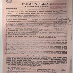 May include: A vintage Paragon Agency contract, dated October 28, 1975, for a concert engagement. The document includes details about the musicians, the venue, and financial terms. The contract is signed by the employer and the leader, with contact information.