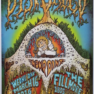 May include: A psychedelic concert poster for the band "Disturbed" with the text "Wednesday March 16 2016 The Fillmore 1805 Geary" in a colorful, cartoonish style.