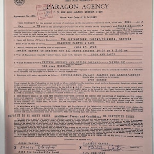 May include: A vintage contract from 1975 between the American Federation of Musicians and an employer for a band's performance. The document includes details like the band's name, Clarence Carter & Band, and the engagement location in Georgia.