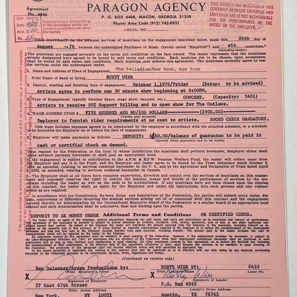 Rusty Wier Concert Contract 1976 New York NY