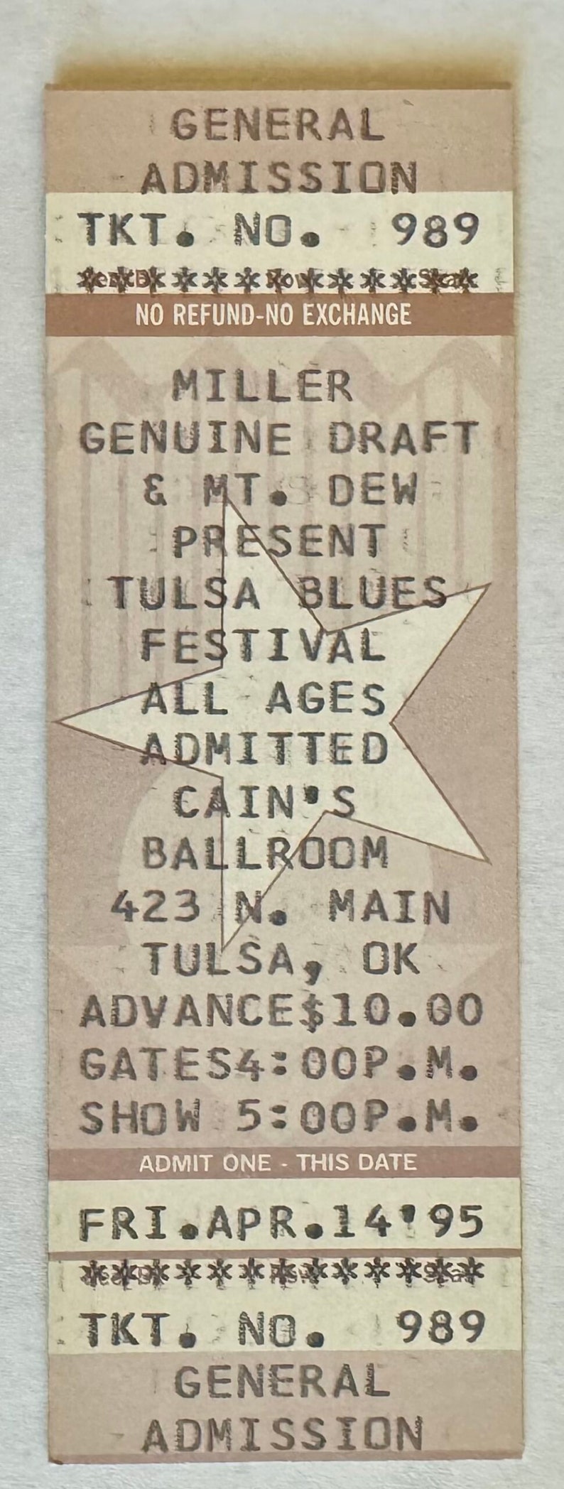 Tulsa Blues Festival Concert Ticket 1995 Tulsa, OK-Vintage Pop Culture Music Collectibles, Music Memorabilia- Collectible Music Items. image 1