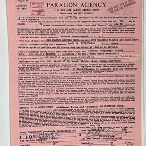 Contrat de concert du Charlie Daniels Band 1978 Long Island