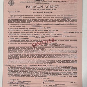 May include: A vintage contract from 1975, issued by Paragon Agency, for a concert engagement. The document, with the American Federation of Musicians seal, details terms, including artist Thunderhead, venue, and payment of $750.00. The contract is signed by Preston Rice and Mike Dagger.