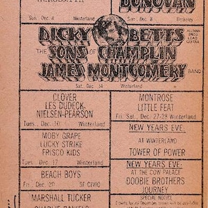 May include: Vintage concert poster featuring The Kinks, Donovan, and other bands. The poster is printed on aged pink paper and lists dates and venues for various performances. The text includes "Bill Graham Presents" at the top.