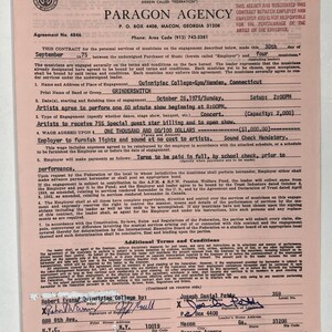 May include: A vintage contract from the American Federation of Musicians, Paragon Agency, dated September 30, 1975. The document outlines terms for a concert by Grinderswitch at Quinnipiac College, with a wage of $1,000.