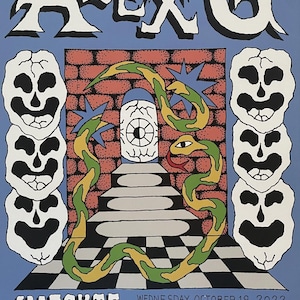 May include: A concert poster for Alex G and Hatchie at The Fillmore on October 19, 2022. The blue background features a brick wall, a checkered floor, a winding yellow and green snake, two columns of white skulls, and a central eye icon.