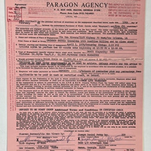 May include: A pink contract form for a musical performance agreement. The form is titled "Paragon Agency" and includes the names of the musicians, the date of the performance, the location, and the type of engagement. The form also includes the terms and conditions of the agreement.