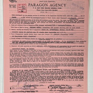 May include: A pink contract for musicians with the American Federation of Musicians of the United States and Canada. The contract is dated March 1, 1978, and is for the services of musicians for a performance at the Aragon Ballroom in Chicago, Illinois. The contract is for a performance by the band Grinder Switch, and the contract is for a concept show with a capacity of 5,500 people. The contract states that the musicians will be paid a union scale or $750.00, whichever is greater.