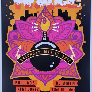 May include: A concert poster for Wale at The Fillmore on Saturday, May 13, 2017. The black background features a central black bomb graphic with a lit fuse, surrounded by purple and orange floral patterns, city silhouettes, and event text.