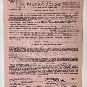 May include: A vintage contract from 1975 between Paragon Agency and the band Grinderswitch for a concert at The Rock Garden. The document is on aged paper and includes handwritten signatures and details about the performance.