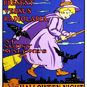 May include: A colourful poster featuring a blonde figure in a purple dress and pointed hat flying on a broomstick. The text reads: THIGMOTROPE PRESENTS: THE WEDDING PRESENT VERSUS RADIOLARIA AT SUDSY MALONE'S HALLOWEEN NIGHT THURSDAY OCTOBER 31ST, 1996.