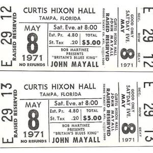 John Mayall Concert Ticket Set of 2 1971 Tampa White