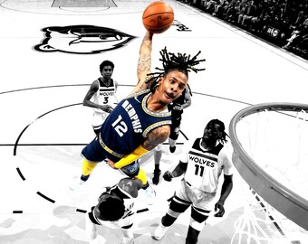 Ja Morant, printable poster, Memphis Grizzlies, sports art, digital download, high quality, dunk