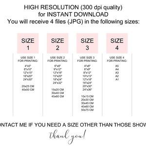 Op de afbeelding: Een roze en witte afbeelding met de tekst "HIGH RESOLUTION (300 dpi quality) for INSTANT DOWNLOAD You will receive 4 files (JPG) in the following sizes:" en vier vakken met de labels "SIZE 1", "SIZE 2", "SIZE 3" en "SIZE 4". Elk vakje geeft verschillende afmetingen in inches en centimeters voor het afdrukken.