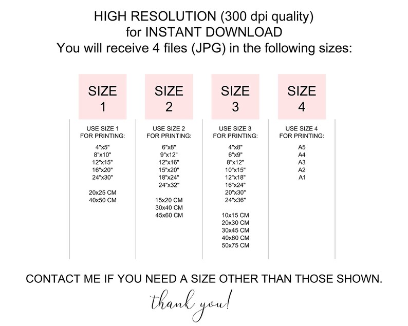 Op de afbeelding: Een roze en witte afbeelding met de tekst "HIGH RESOLUTION (300 dpi quality) for INSTANT DOWNLOAD You will receive 4 files (JPG) in the following sizes:" en vier vakken met de labels "SIZE 1", "SIZE 2", "SIZE 3" en "SIZE 4". Elk vakje geeft verschillende afmetingen in inches en centimeters voor het afdrukken.