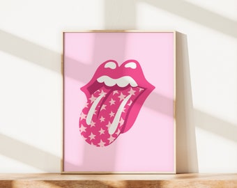 Pink Lips Wall Art Print, preppy room decor, Mouth, Tongue, Lips, Stars, Dorm Room, pink Trendy Apartment Decor, aesthetic room decor