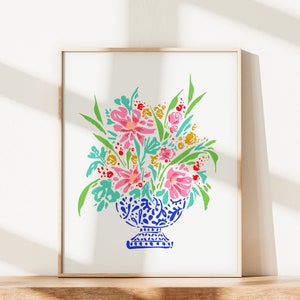 Rosas de acuarela en jarrón de China Impresiones imprimibles Descarga digital instantánea, impresión chinoiserie de arte de jarrón de porcelana azul y blanca