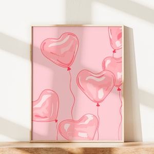 Herz Luftballons Druck, Girly Wohnheim Zimmer, trendige Wandkunst für College, adrette Poster, Y2K ästhetische Kunst, rosa Retro, rosa Puppe Dekor