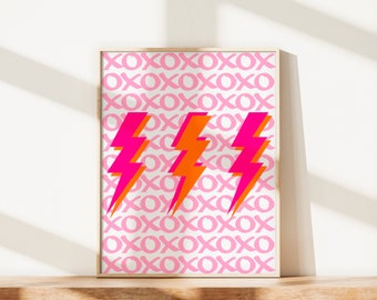 Preppy Thunder Wall Art, preppy kamerinrichting, preppy bliksemschichtprint, trendy roze preppy, VSCO Girl, esthetische muurkunst