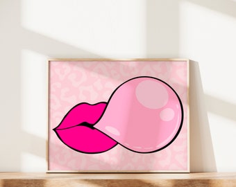 Pink Lips-kauwgom | Preppy kamerinrichting | Mond, tong, lippen, sterren, slaapzaal, blauw trendy appartementdecor, trendy | Digitale download