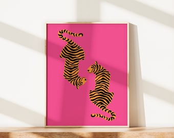 Preppy roze tijger, dierenprint, preppy kamerinrichting, preppy muurprint, trendy blauw appartementdecor, esthetische kamerinrichting, afdrukbare muurkunst