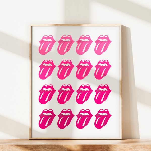 Pink Lips Wall Art Print, preppy room decor, Mouth, Tongue, Lips, Stars, Dorm Room, pink Trendy Apartment Decor, aesthetic room decor