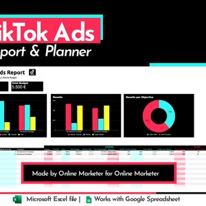 May include: A colorful chart showing TikTok Ads Report & Planner with a total budget of 5,500 euros and a total spent of 2,172 euros. The chart includes a pie chart showing results per objective, a bar chart showing budget and cost, and a bar chart showing results. The chart is made by Online Marketer for Online Marketer and works with Microsoft Excel and Google Spreadsheet.
