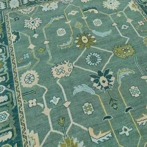 High Quality Hand Knotted Turkish green light blue Rugs 9X12 10X13 10X14 ft Antique Rug for Living Room, office, Bedroom, Kids Room