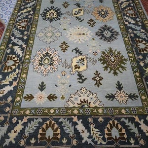 High Quality Hand Knotted Turkish dark green light blue Rugs 9X12 10X13 10X14 ft Antique Rug for Living Room, office, Bedroom, Kids Room