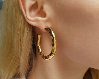 Hammered Gold Hoops, Hoop Earrings, Stainless Steel Hoops, Gift for Her, Golden Hoops, Thick Gold Hoops, Everyday Hoops, Hypoallergenic