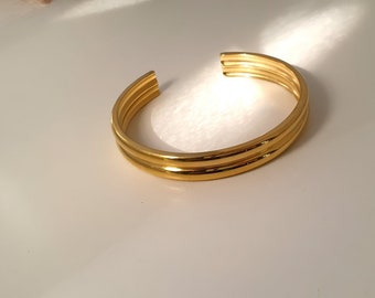 Double Gold Bangle, 18K Gold Cuff Bracelet , Gold Bangle Bracelet, Chunky Gold Bracelet, Water Safe, Stainless Steel, Tarnish Free