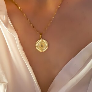 18K Gold Plated Sunburst Coin Pendant Necklace, CZ Pendant Necklace, Boho Style Dainty Necklace, Gold Jewellery, Gift for Her
